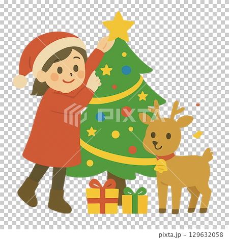 女の子とトナカイがクリスマスツリーを飾るイラスト 129632058