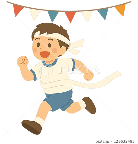 運動会 ゴールテープを切る男の子 イラスト 129632483