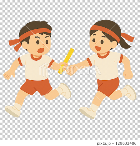 運動會中男女傳遞接力棒的插圖 129632486