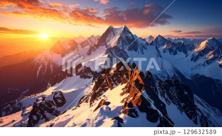 【リアルな風景】壮大な雪山の壁紙【夕焼け】 129632589