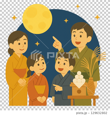 一家人仰望滿月的插圖（穿著和服） 129632802