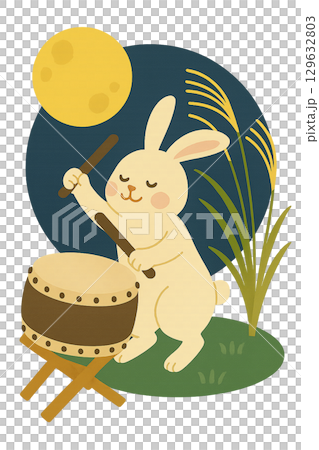 賞月會上,一隻兔子在演奏日本鼓 賞月會上,一隻兔子在演奏日本鼓 129632803