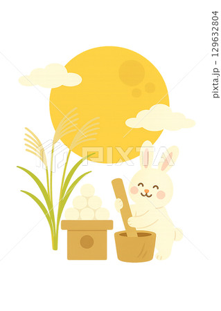 満月の下で餅をつくうさぎのお月見イラスト 129632804