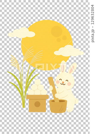 兔子在滿月下製作麻糬的賞月插畫 129632804