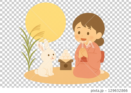 身著和服的女孩和兔子的賞月插畫 129632866