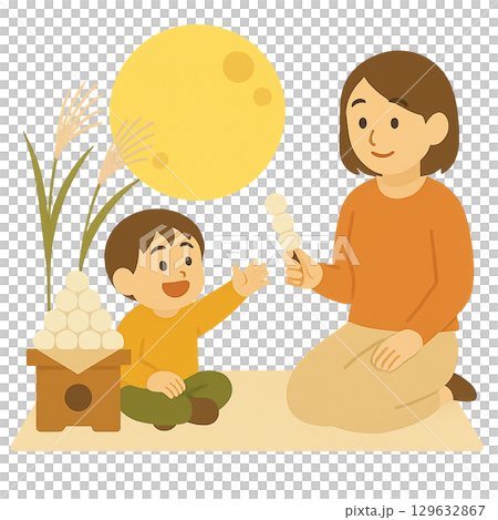 親子で団子を楽しむお月見イラスト 129632867