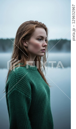 Pensive young woman with red hair in a green sweater on a foggy lake in autumn Pensive young woman with red hair in a green sweater on a foggy lake in autumn 129632967