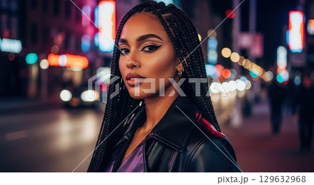 Beautiful african american woman with braids on a city street at night with colorful bokeh Beautiful african american woman with braids on a city street at night with colorful bokeh 129632968