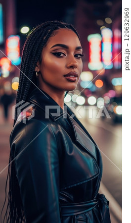 Stylish young black woman with braids and makeup on a city street at night with neon lights Stylish young black woman with braids and makeup on a city street at night with neon lights 129632969