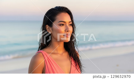 Beautiful asian woman with wet hair on the beach watching a serene and peaceful summer sunset Beautiful asian woman with wet hair on the beach watching a serene and peaceful summer sunset 129632970