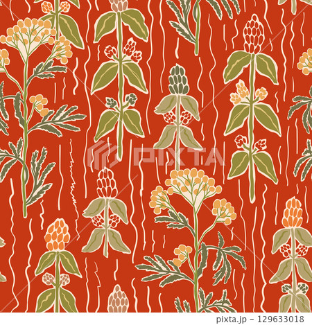Red autumn striped meadow flowers seamless pattern. Vector hand drawn lines, fall botanical repeat background Red autumn striped meadow flowers seamless pattern. Vector hand drawn lines, fall botanical repeat background 129633018