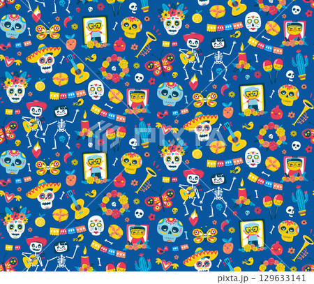 Colorful Dia de los Muertos Seamless Pattern, Sugar Skulls, Skeletons, Flowers 129633141