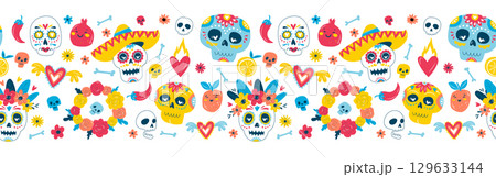 Colorful Dia de los Muertos Folk Seamless Frame Border Pattern, Sugar Skulls, Skeletons, Flowers 129633144