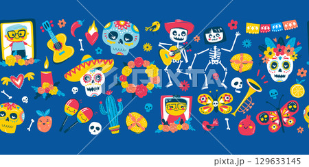 Colorful Dia de los Muertos Seamless Pattern, Sugar Skulls, Skeletons, Flowers 129633145
