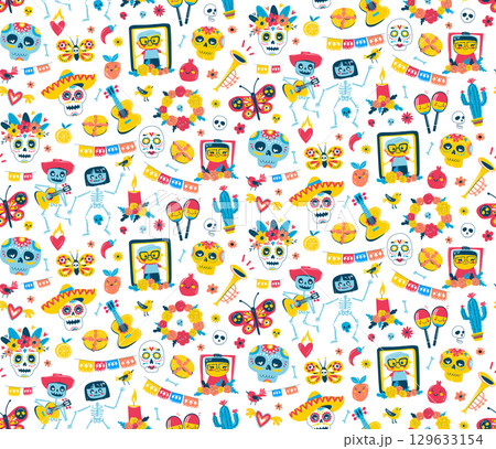 Colorful Dia de los Muertos Seamless Pattern, Sugar Skulls, Skeletons, Flowers 129633154