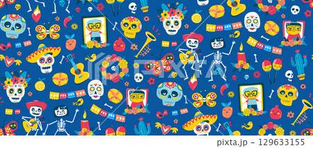 Colorful Dia de los Muertos Seamless Pattern, Sugar Skulls, Skeletons, Flowers Colorful Dia de los Muertos Seamless Pattern, Sugar Skulls, Skeletons, Flowers 129633155
