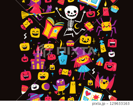 Cute Halloween Seamless horizontal Frame Border Pattern with Witch, Pumpkin, Bat and Skeleton Kids Doodle Style Cute Halloween Seamless horizontal Frame Border Pattern with Witch, Pumpkin, Bat and Skeleton Kids Doodle Style 129633163