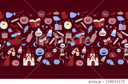 Seamless Halloween horizontal Frame Border Pattern with Witches, Jack-o-Lanterns Pumpkins, Cats and Spooky Castle 129633173