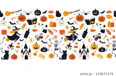 Seamless Halloween horizontal Frame Border Pattern with Witches, Pumpkins, Cats and Castle Cute Flat Vector 129633174