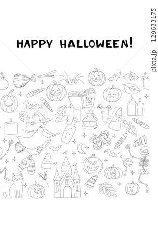 Seamless Halloween horizontal Frame Border Pattern with Witches, Pumpkins, Cats and Castle Cute Doodle Vector Seamless Halloween horizontal Frame Border Pattern with Witches, Pumpkins, Cats and Castle Cute Doodle Vector 129633175
