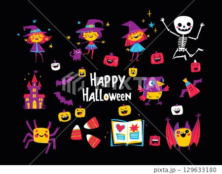 Cute Halloween Cartoon Stockers Witches, Skeleton, Pumpkins and Bats. Happy Halloween Illustration 129633180