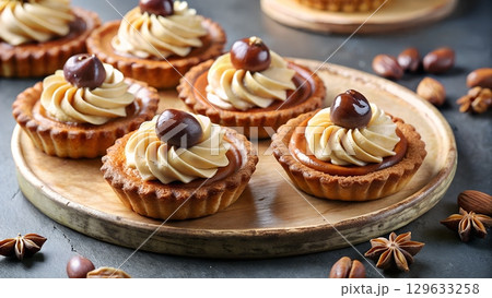 indulge in chestnut cream tarts, a delightful fusion of joseon ingredients and elegant french patisserie. indulge in chestnut cream tarts, a delightful fusion of joseon ingredients and elegant french patisserie. 129633258