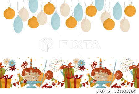 Festive seamless border: cupcake, candle, candy, garland, confetti, flowers, gifts, balloons. Watercolor, pastel illustration in autumn colors. design 129633264