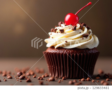 Delicious Close Up Chocolate Cupcake with Cream Frosting and Cherry Delicious Close Up Chocolate Cupcake with Cream Frosting and Cherry 129633481