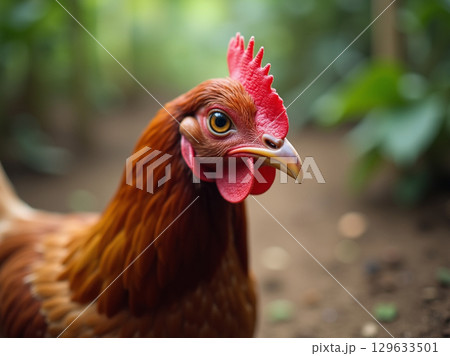 Close-up Portrait of a Brown Chicken with Red Comb Outdoors 129633501