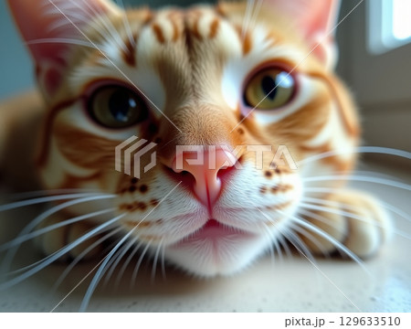Close Up Detailed Orange Tabby Cat Face Expression Portrait 129633510
