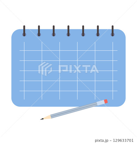 Blue spiral-bound calendar with empty grid and pencil in flat style, planning or scheduling concept 129633701