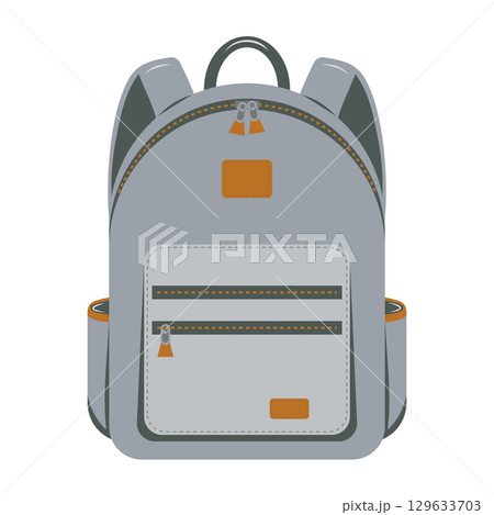 Stylish gray backpack with brown zipper accents in flat graphic style, for school supplies or travel concept Stylish gray backpack with brown zipper accents in flat graphic style, for school supplies or travel concept 129633703