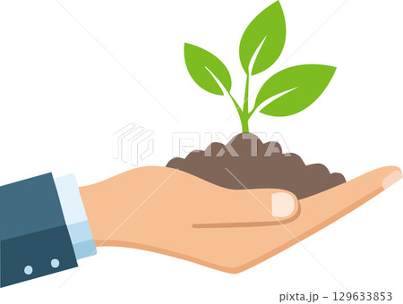 Creative drawing of a palm holding a sprout with vibrant green leaves and soil, soft illustration style 129633853