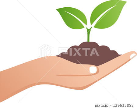 Artistic flat illustration of a hand cupping soil and a sprouting seedling, soft gradient shading, white background 129633855