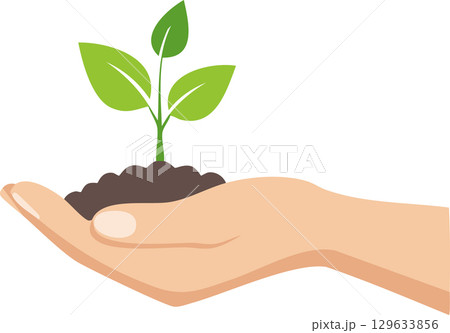 Minimal non realistic art of a hand supporting fresh green leaves growing from soil, bright clean composition 129633856