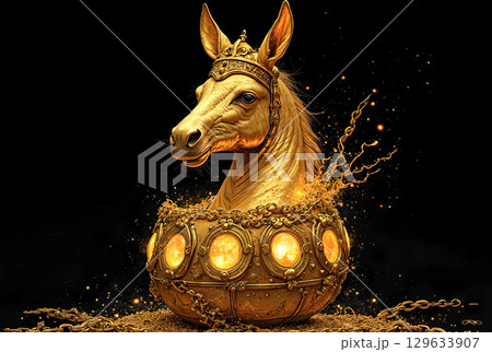 Golden installation of a decorative character. A detailed sculpture of a horse's head with a royal crown rises above a luxurious gold ball decorated with chains and luminous circular inlays.  129633907