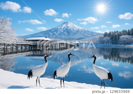 雪景色の鶴の舞橋と岩木山　丹頂鶴 129633989