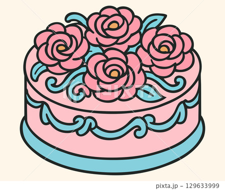 Round cake with 90s buttercream roses. Vector isolated illustration 129633999