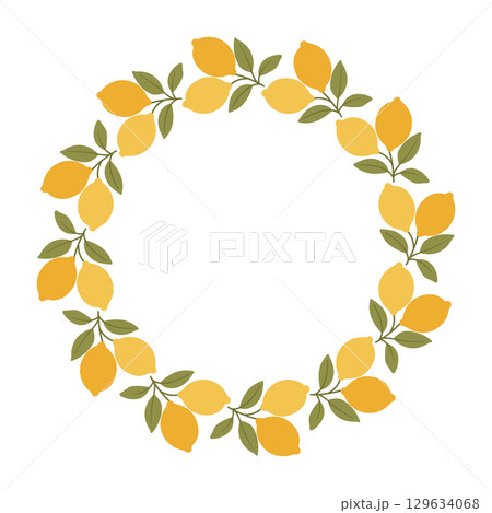 Flat vector illustration of a lemon wreath with green leaves on white background. Summer citrus frame for decoration, invitations, packaging, or seasonal designs Flat vector illustration of a lemon wreath with green leaves on white background. Summer citrus frame for decoration, invitations, packaging, or seasonal designs 129634068