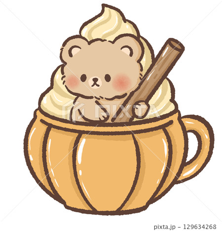 Cute kawaii bear sitting inside a pumpkin shaped mug topped with whipped cream holding a cinnamon stick in a cozy autumn dessert illustration perfect for seasonal food art and fall themed designs Cute kawaii bear sitting inside a pumpkin shaped mug topped with whipped cream holding a cinnamon stick in a cozy autumn dessert illustration perfect for seasonal food art and fall themed designs 129634268