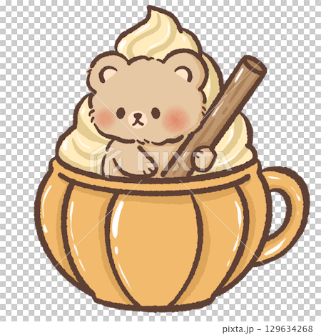 Cute kawaii bear sitting inside a pumpkin shaped mug topped with whipped cream holding a cinnamon stick in a cozy autumn dessert illustration perfect for seasonal food art and fall themed designs Cute kawaii bear sitting inside a pumpkin shaped mug topped with whipped cream holding a cinnamon stick in a cozy autumn dessert illustration perfect for seasonal food art and fall themed designs 129634268