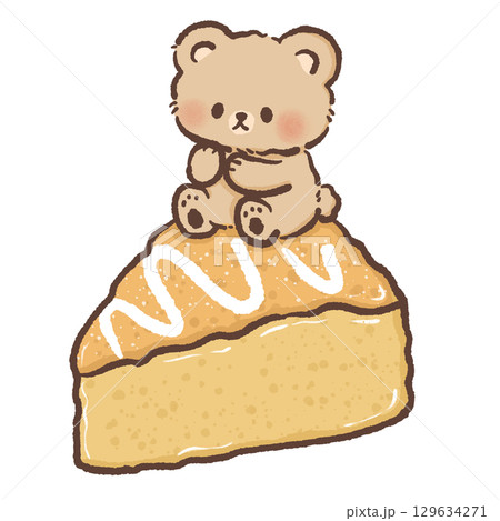 Cute kawaii brown bear sitting on a slice of cake with orange frosting and white icing drizzle adorable dessert character illustration perfect for bakery cafe menu design and sweet themed artwork 129634271