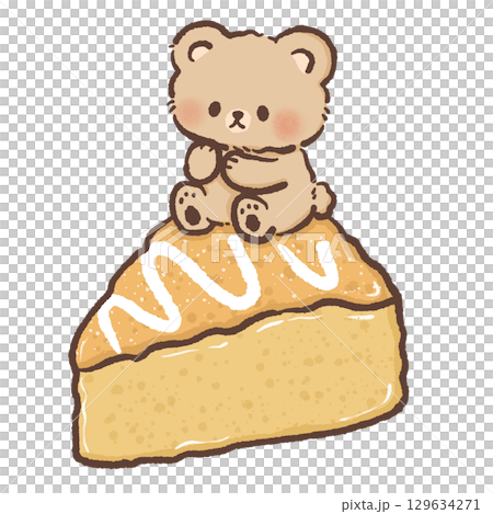 Cute kawaii brown bear sitting on a slice of cake with orange frosting and white icing drizzle adorable dessert character illustration perfect for bakery cafe menu design and sweet themed artwork 129634271
