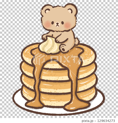 Cute kawaii bear sitting on fluffy pancake stack with butter and syrup dessert illustration for cafe bakery food art prints stickers scrapbooking and digital projects 129634273