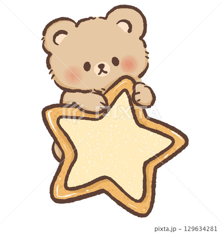 Cute kawaii bear holding a star shaped cookie with sugar icing in soft pastel colors perfect for nursery art kids decor dessert themes and sweet illustration projects 129634281