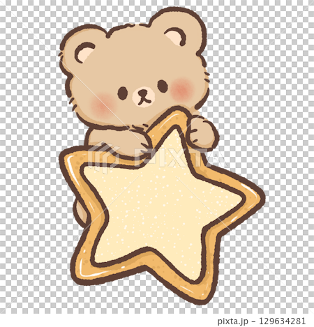 Cute kawaii bear holding a star shaped cookie with sugar icing in soft pastel colors perfect for nursery art kids decor dessert themes and sweet illustration projects 129634281