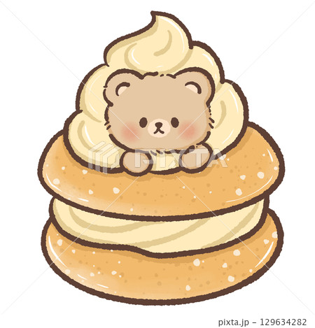 Adorable kawaii bear sitting inside a large golden cream puff with fluffy whipped cream filling in soft pastel tones perfect for bakery themes dessert art childrens illustrations and cute design  129634282