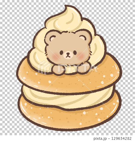 Adorable kawaii bear sitting inside a large golden cream puff with fluffy whipped cream filling in soft pastel tones perfect for bakery themes dessert art childrens illustrations and cute design  129634282