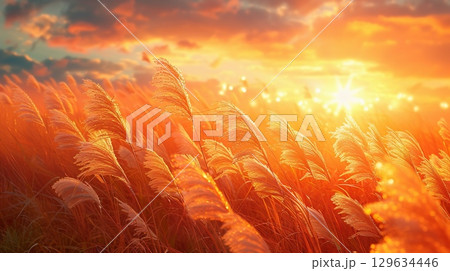 黄金色に輝くススキと夕陽 129634446