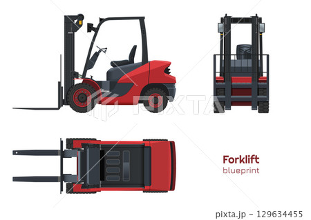 Red forklift drawing. Isolated cargo loader. Side, front and top view of industrial machine. 3D model of warehouse transport. Logistic vehicle Red forklift drawing. Isolated cargo loader. Side, front and top view of industrial machine. 3D model of warehouse transport. Logistic vehicle 129634455